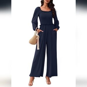 TANOU | Women's Navy Elegant Long Sleeved Smocked Chest Wide Leg Jumpsuit